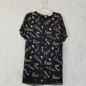 Bdba Italy Black Silver Sequin Graffiti Print Short Sleeve Shift Mini Dress 4